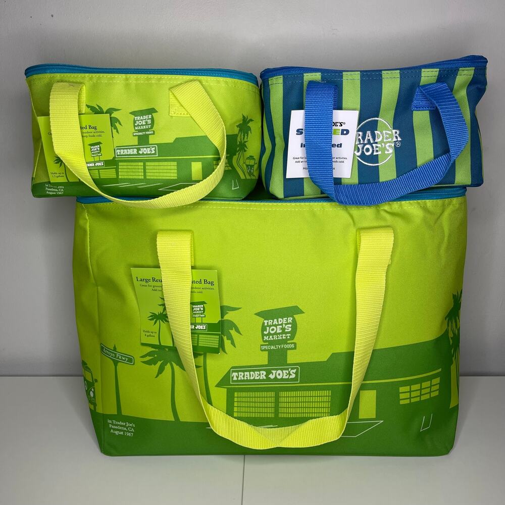 Set of 3 Trader Joe’s Insulated Cooler Bags — Large + Mini — Lime Green + Stripe